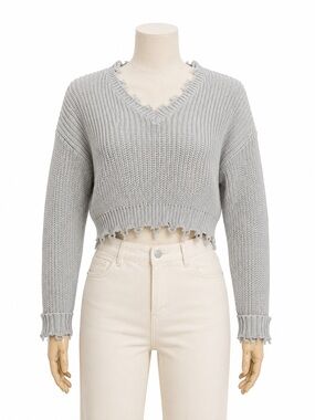 Moon & Madison Cropped Distressed Sweater Gray 100% Cotton V Neck Size S/M